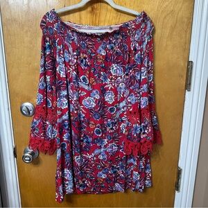 Lapis Vibrant Red Floral Dress with Lace Sleeves